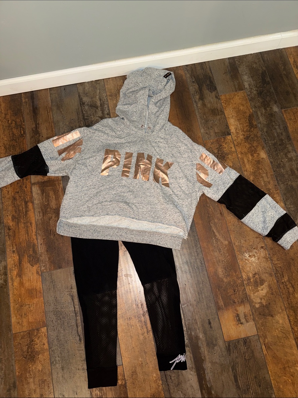 PINK Gray Hoodie with Rose Gold Logo & Black Mesh Leggings